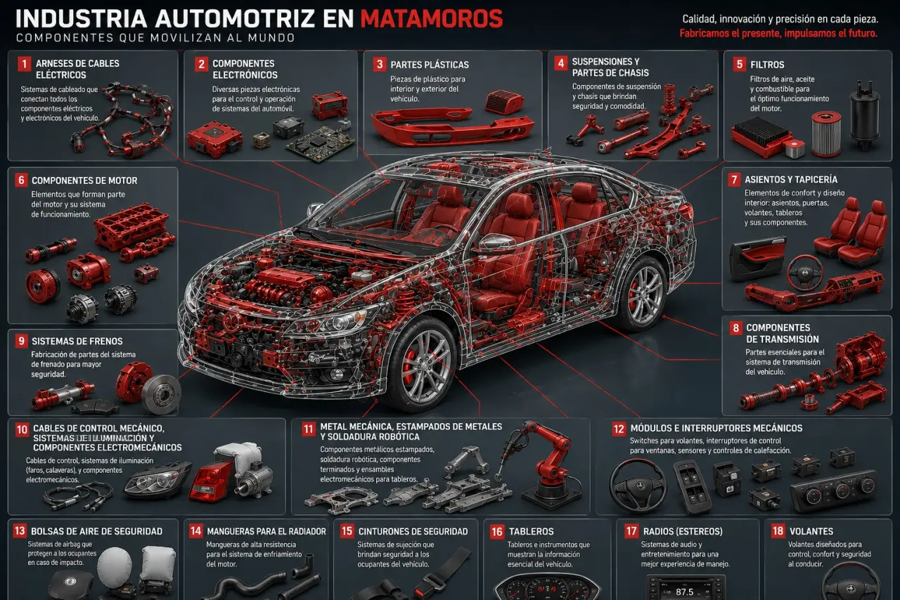 Mapa de la industria automotriz en Matamoros con 18 componentes numerados